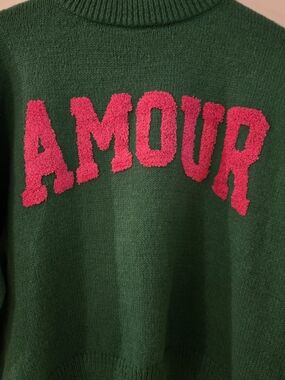 Jubylee Green Knit Sweater with Pink Chenille 'AMOUR'